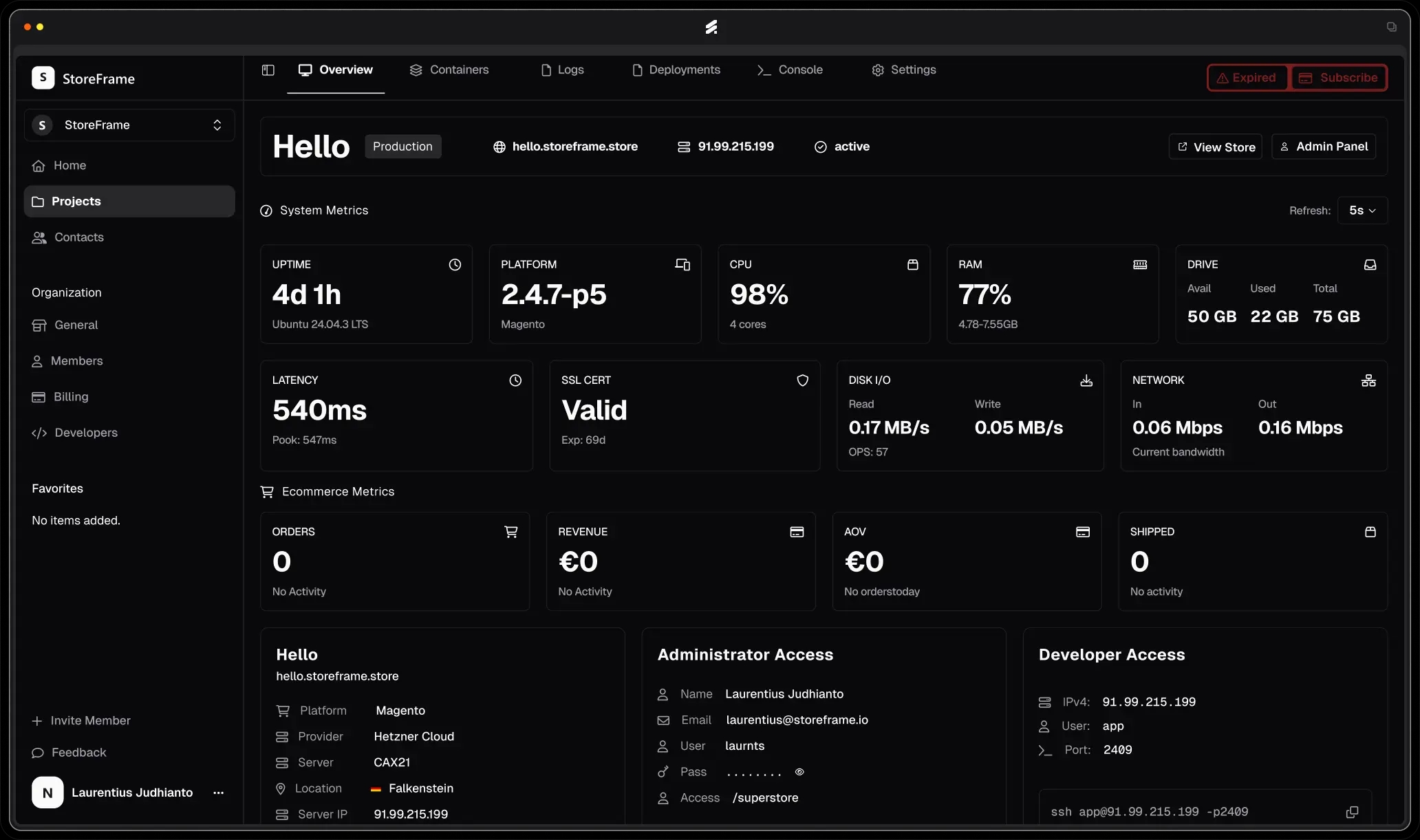 StoreFrame Dashboard