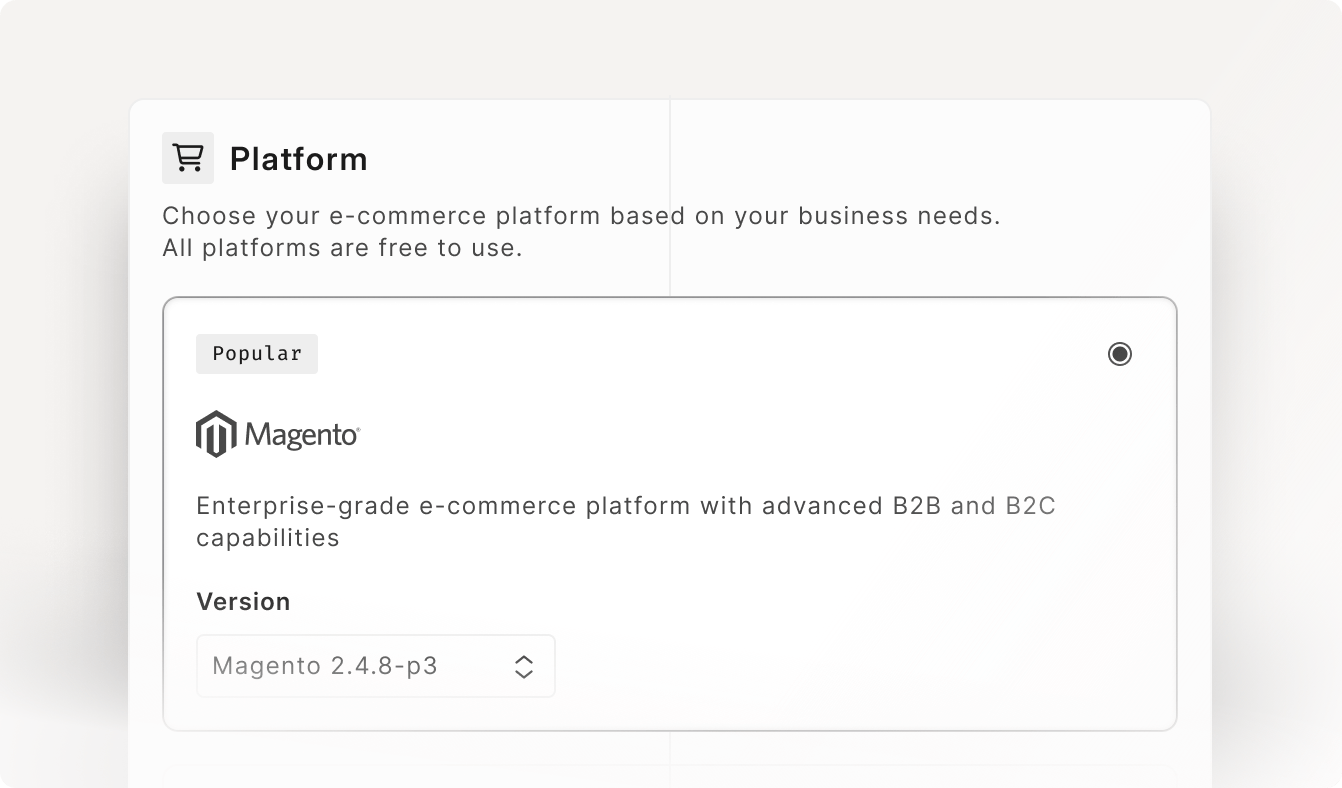 Platform step: selecting Magento and pinning an exact version from the version dropdown