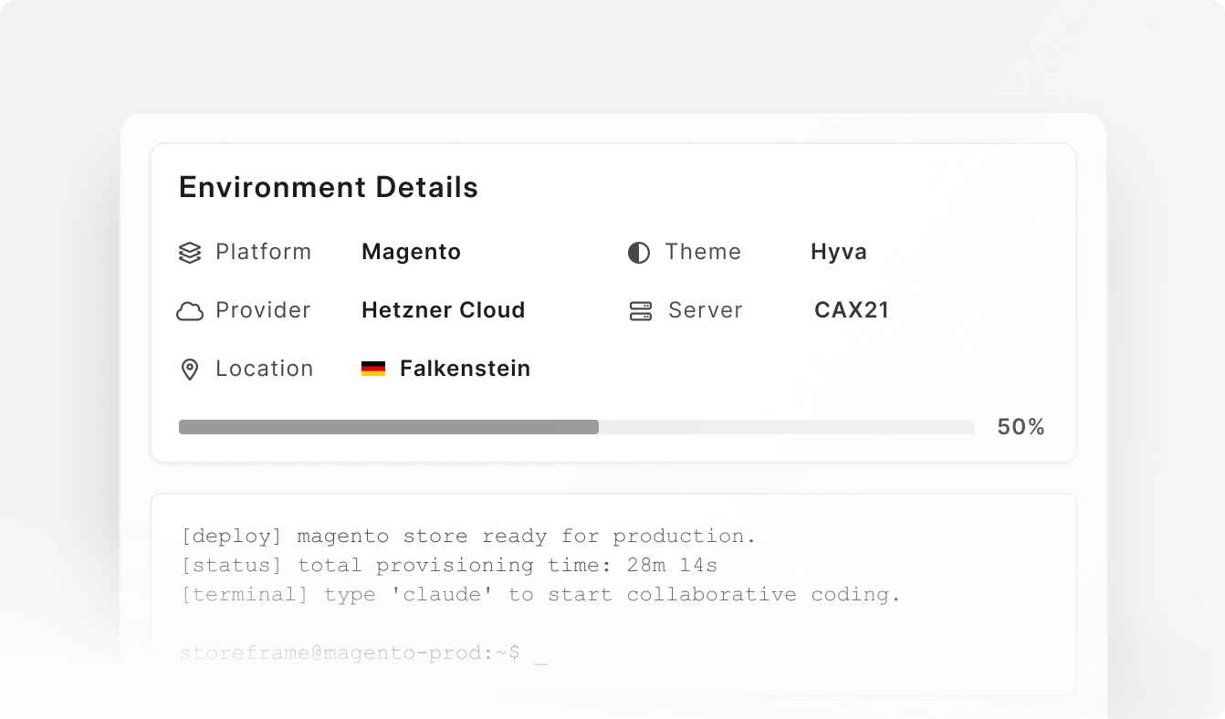 Review & Deploy step: environment summary with live provisioning progress and deploy terminal output