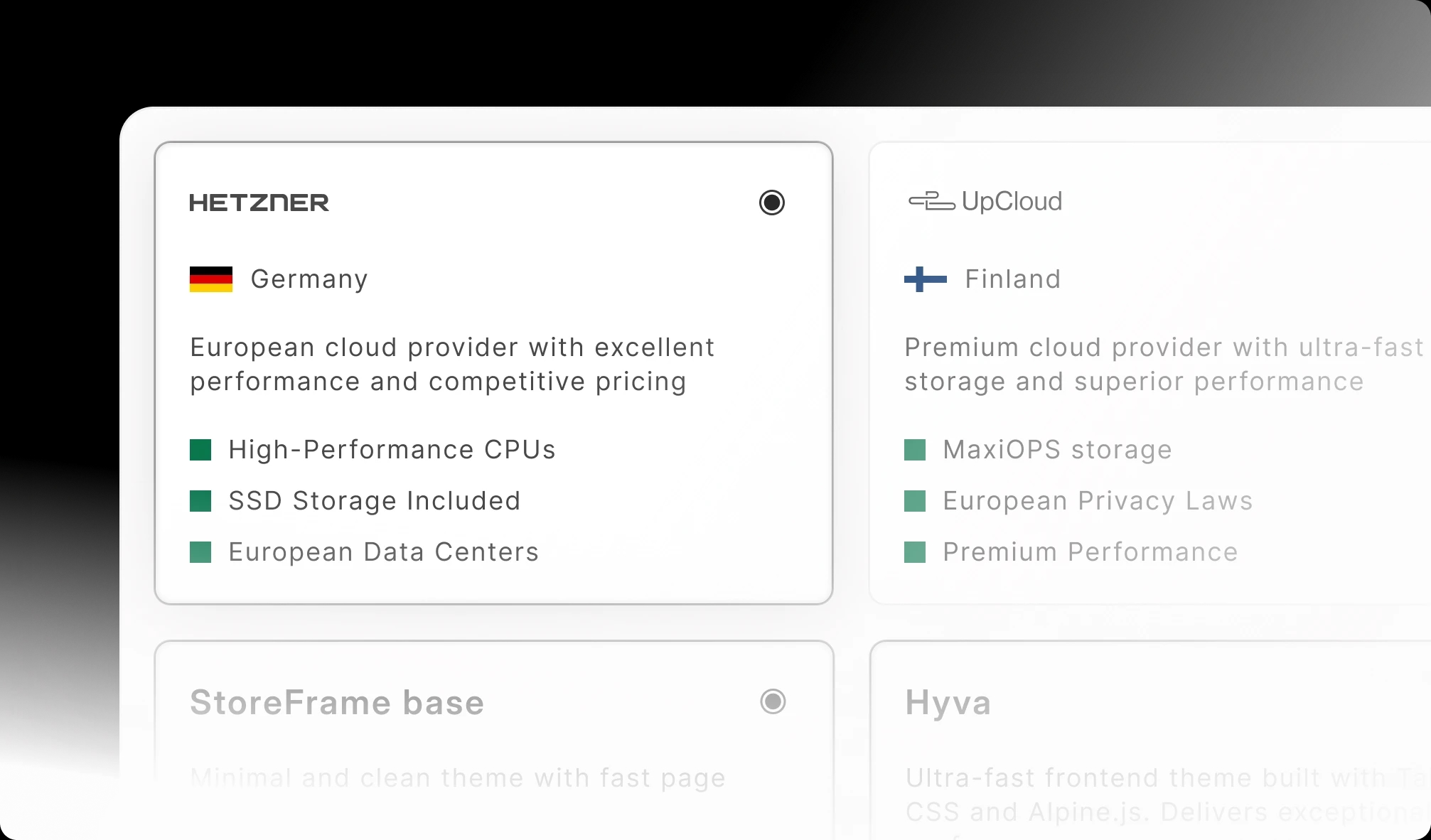 Provisioning wizard selecting a cloud provider and Magento theme for a fresh environment.