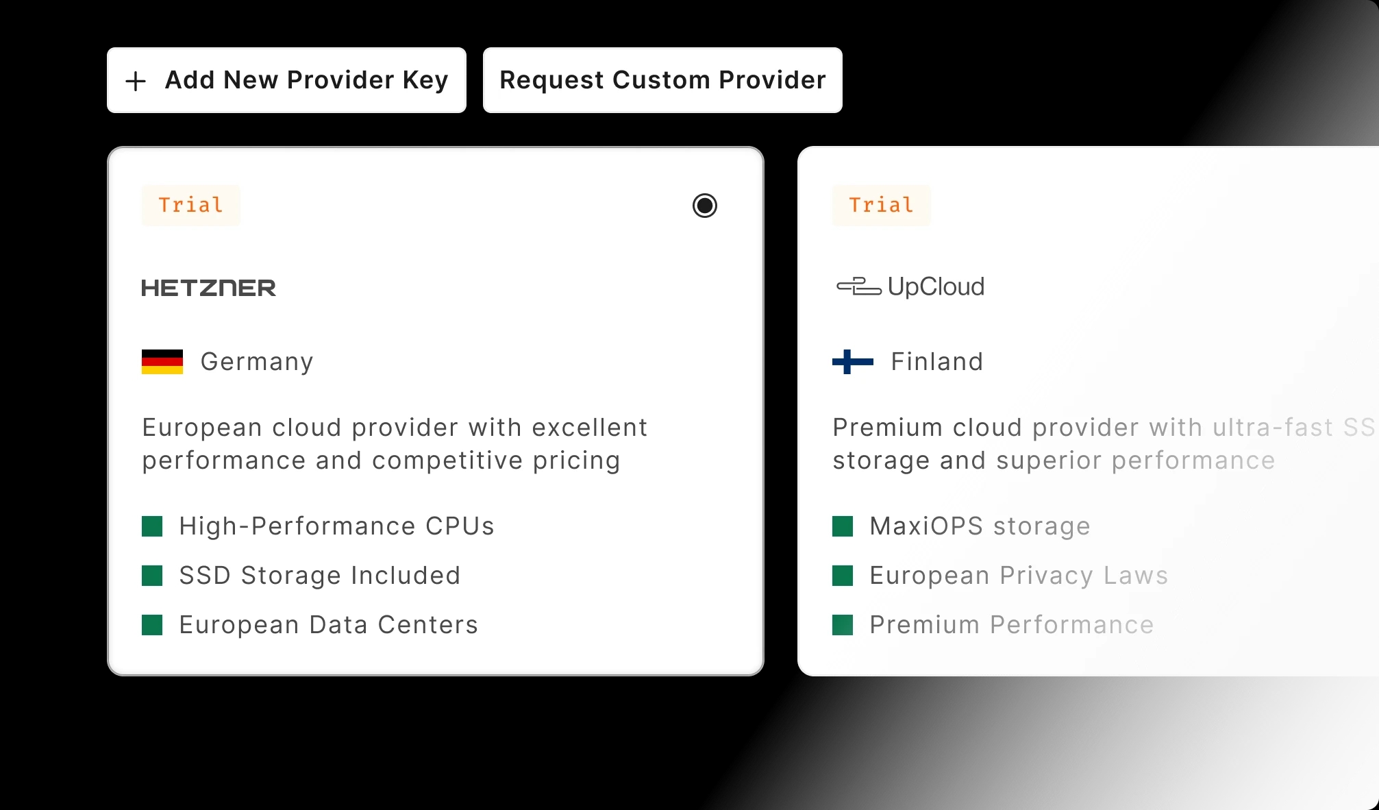 Cloud provider key management with Hetzner, UpCloud, Linode, and DigitalOcean options for bring-your-own-cloud.