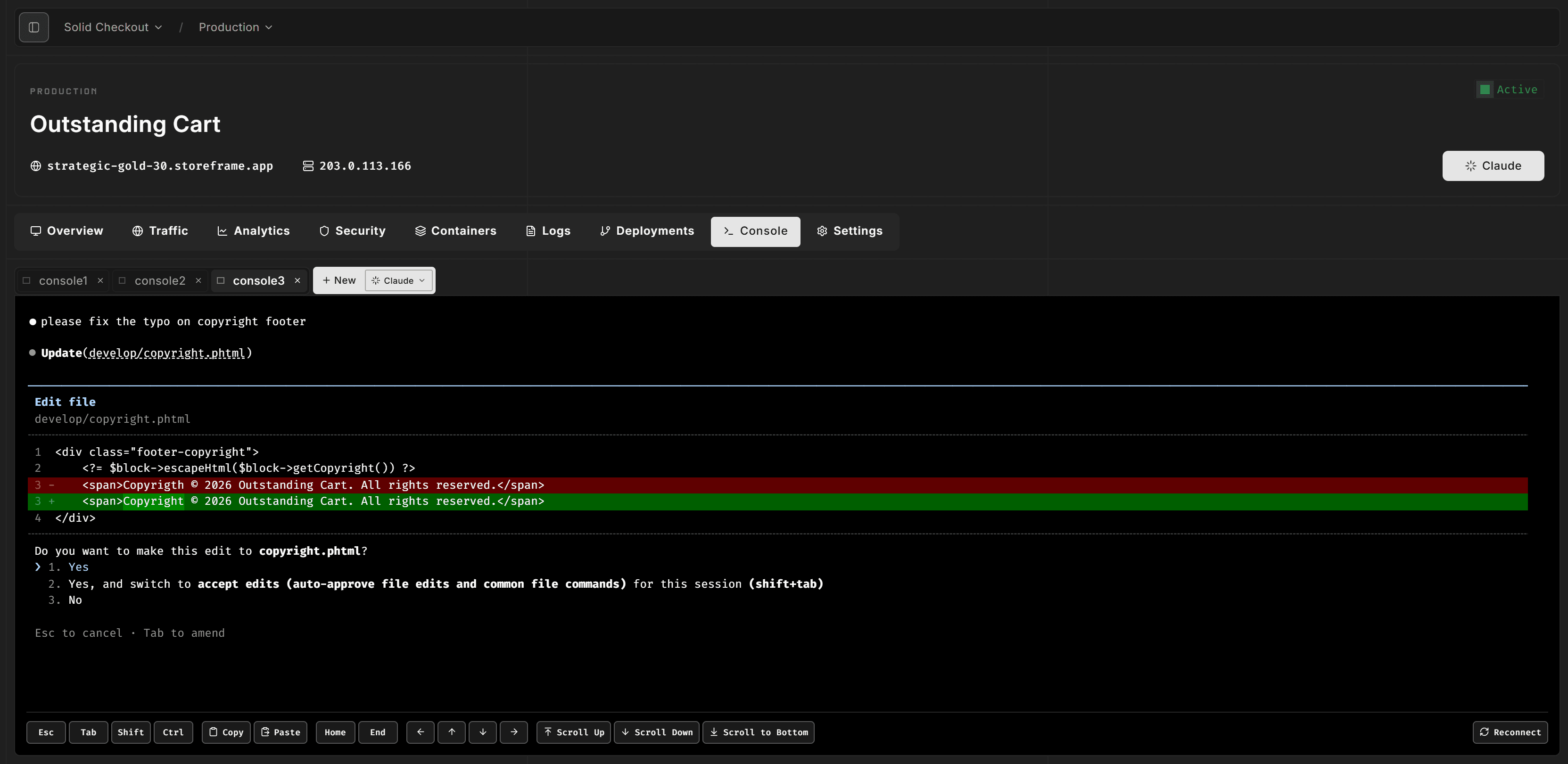 A Bash mode Console tab with `claude` running in standard mode