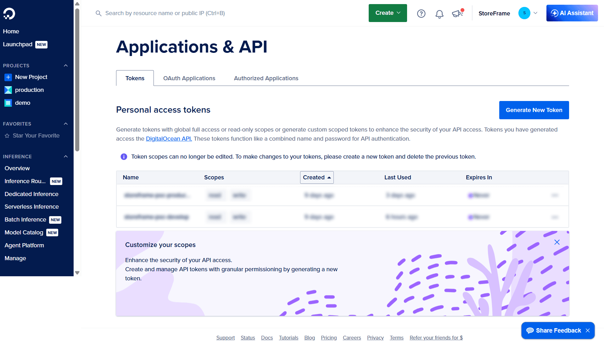 DigitalOcean Control Panel — account overview with API menu accessible