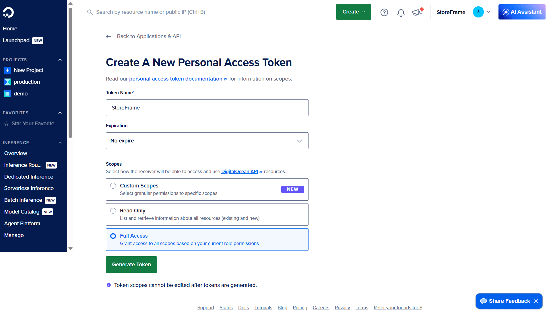 DigitalOcean token creation dialog