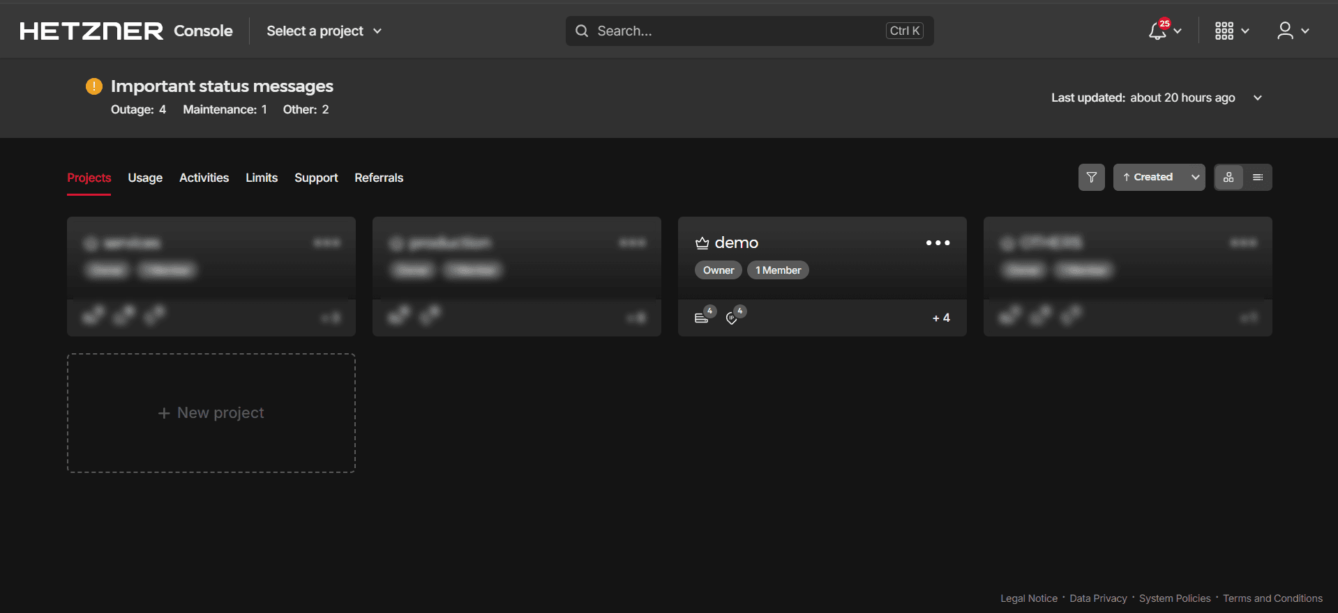 Hetzner Cloud Console — project list view with a project selected