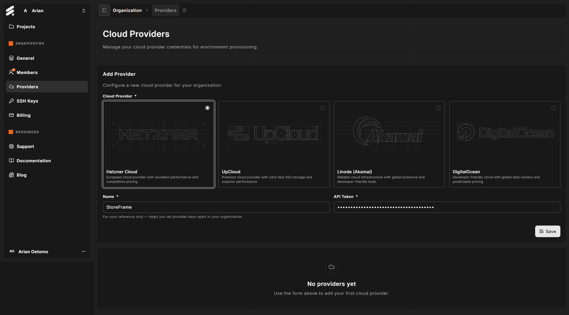 Hetzner selected, Name and API Token filled in
