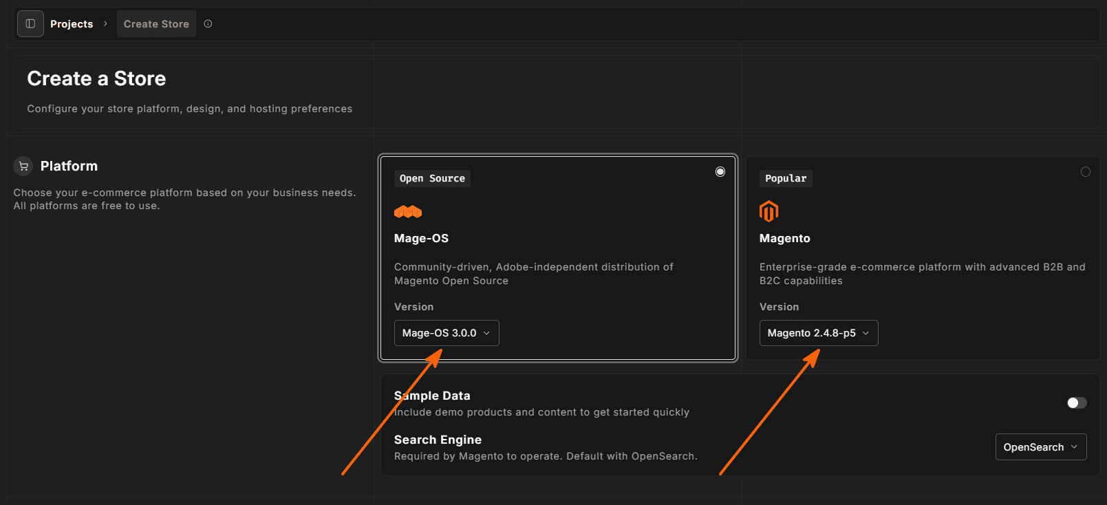 Platform section - Magento card selected with version dropdown