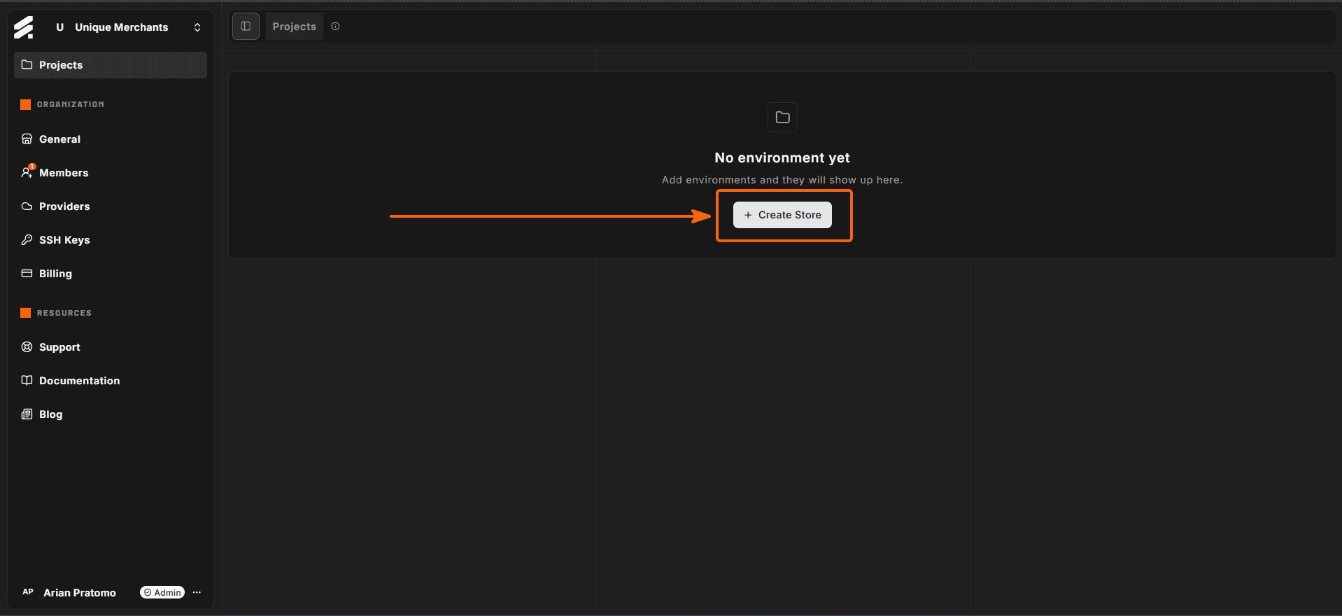 Environments list with + New environment button highlighted