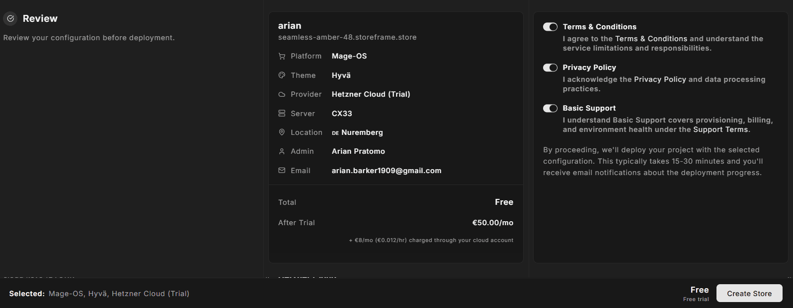 Review section and Start provisioning button