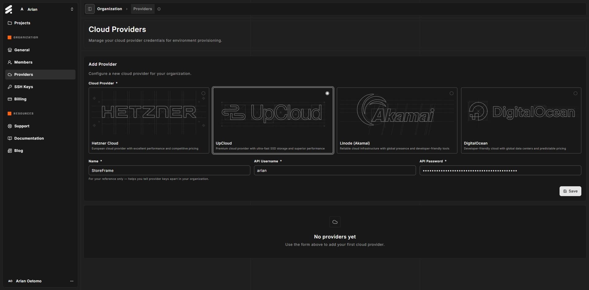 StoreFrame Add Provider form — UpCloud selected