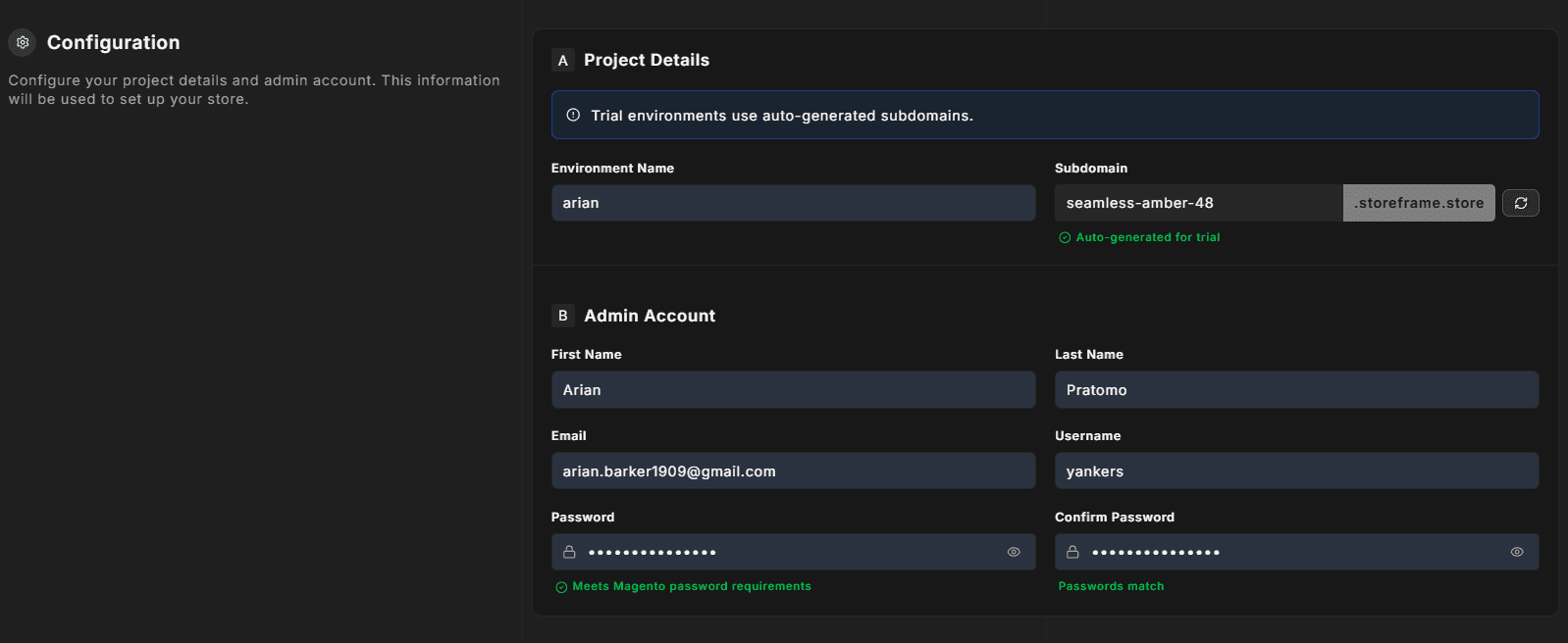 Store details section — subdomain field