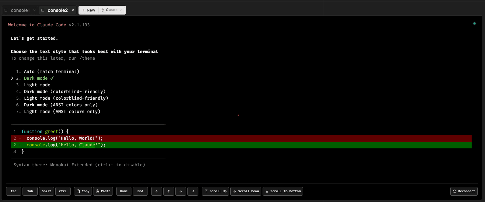 Console tab — tabs strip with one or two named tabs visible