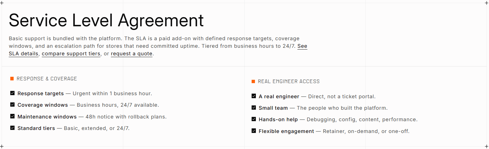 Pricing page support section