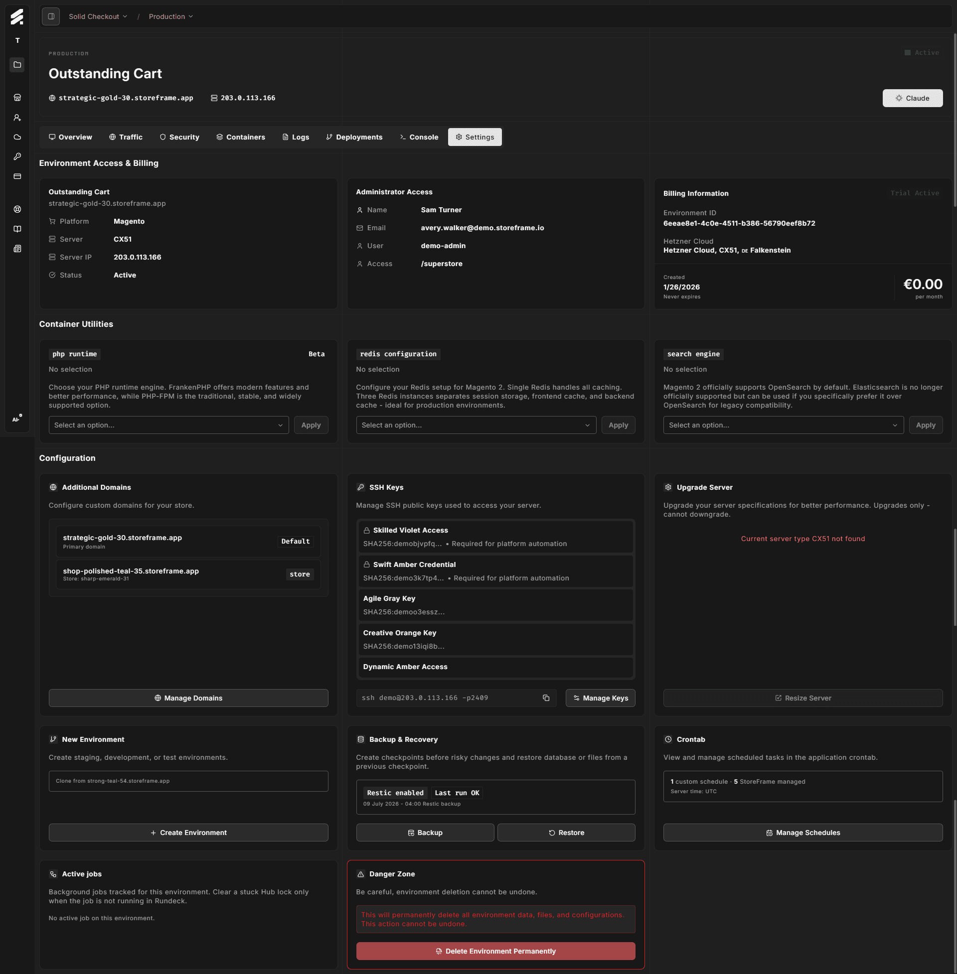 Environment Settings - Domains tab showing a custom domain