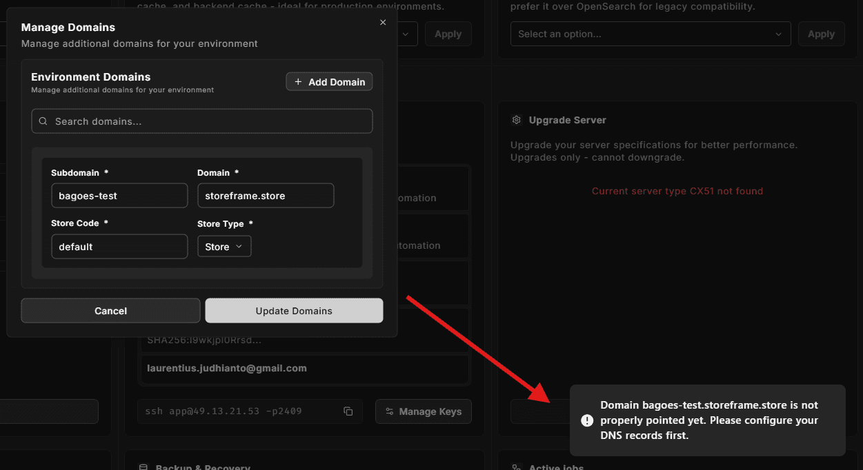 Hub error toast showing an example error message