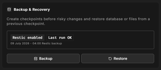 Backup & Recovery panel