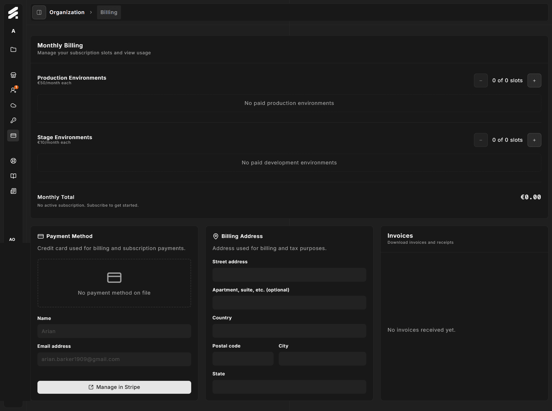 Billing page showing the Payment Method card
