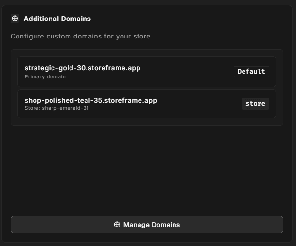 Custom Domains panel showing the default domain