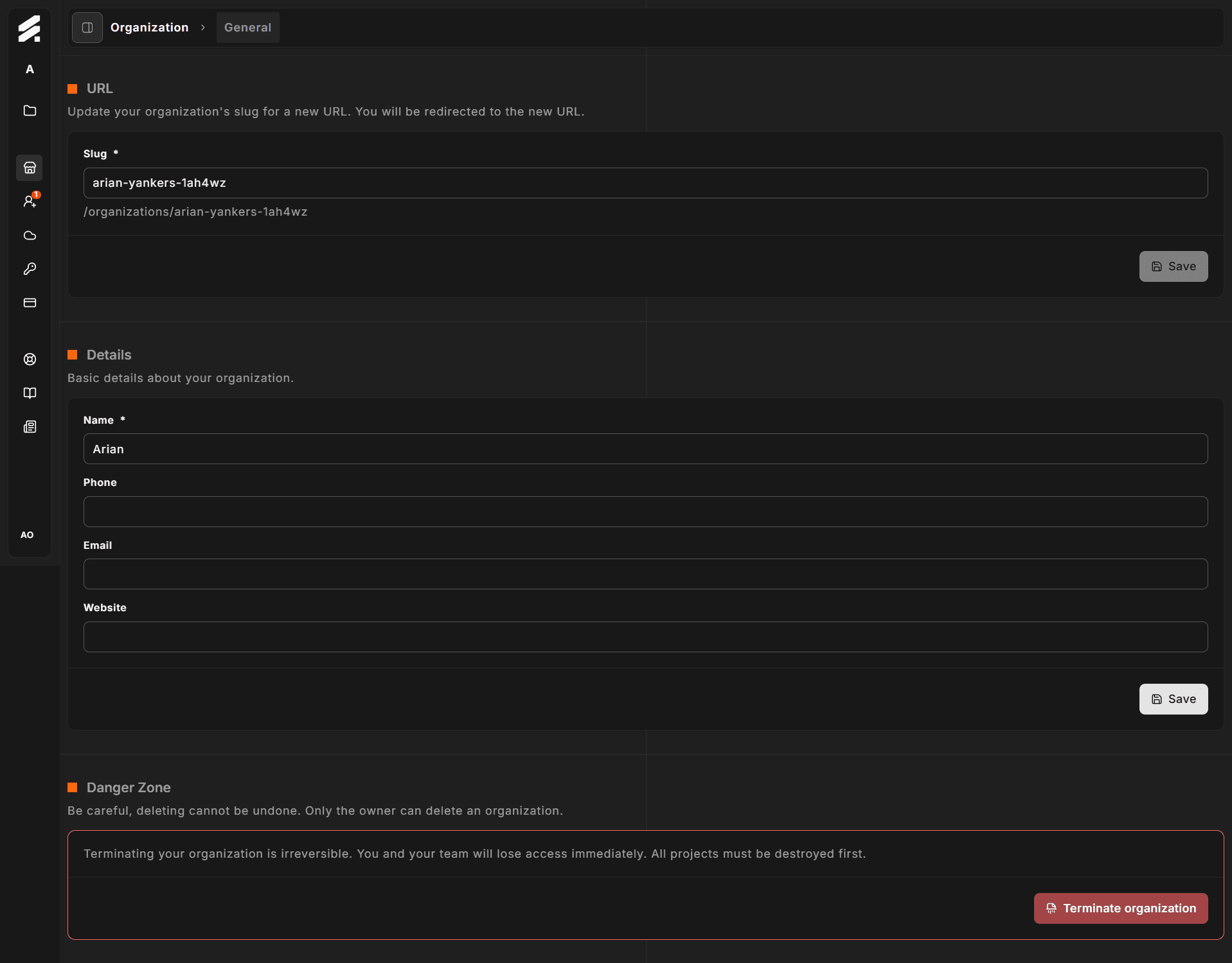 General settings page