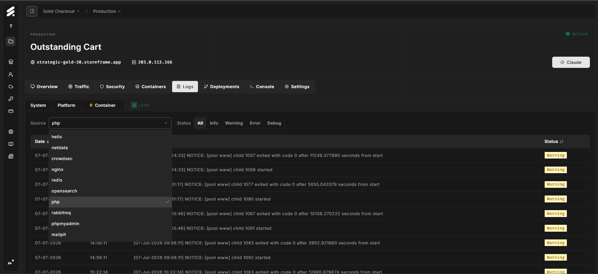 Logs tab with Container selected, Source dropdown showing nginx / php / mariadb