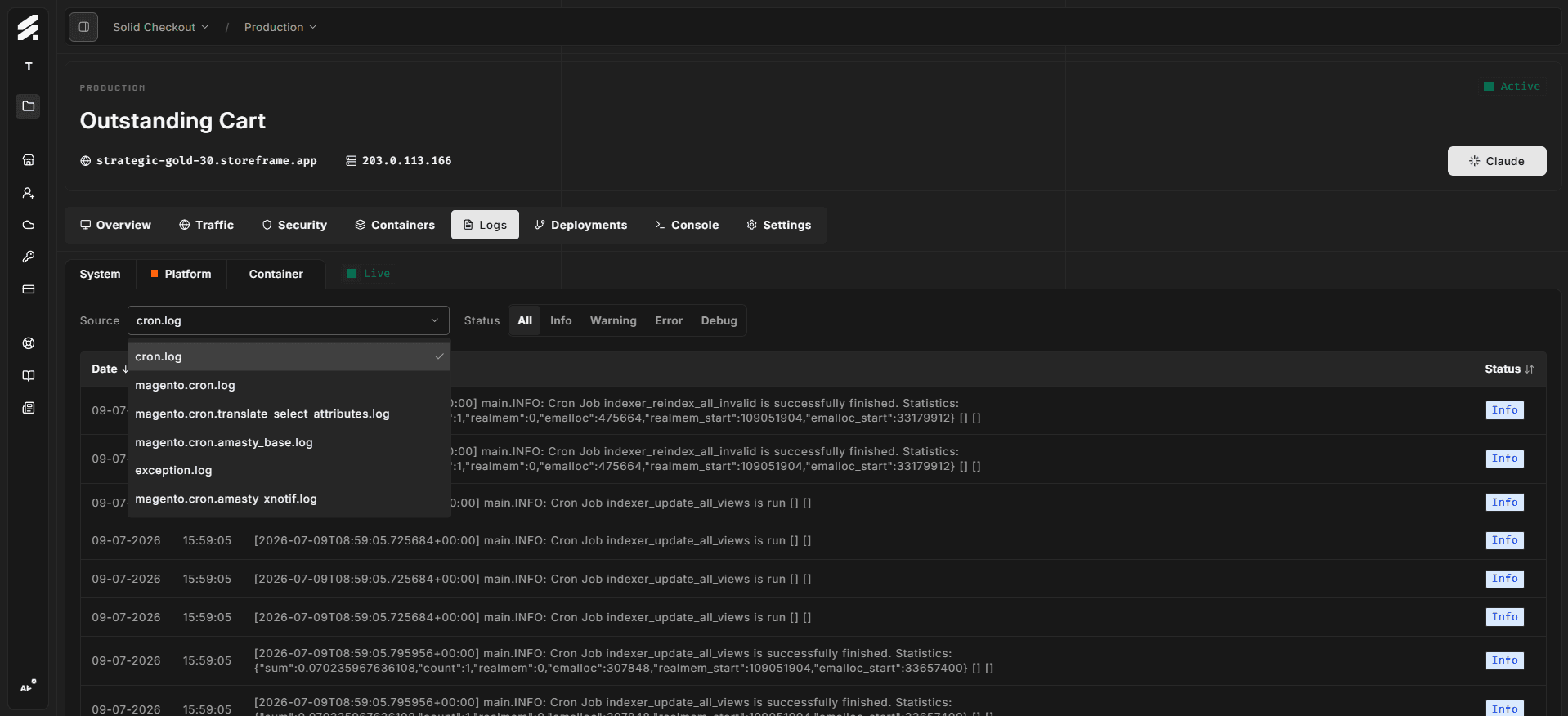 Logs tab with Platform selected, Source dropdown open showing exception.log / system.log / cron.log