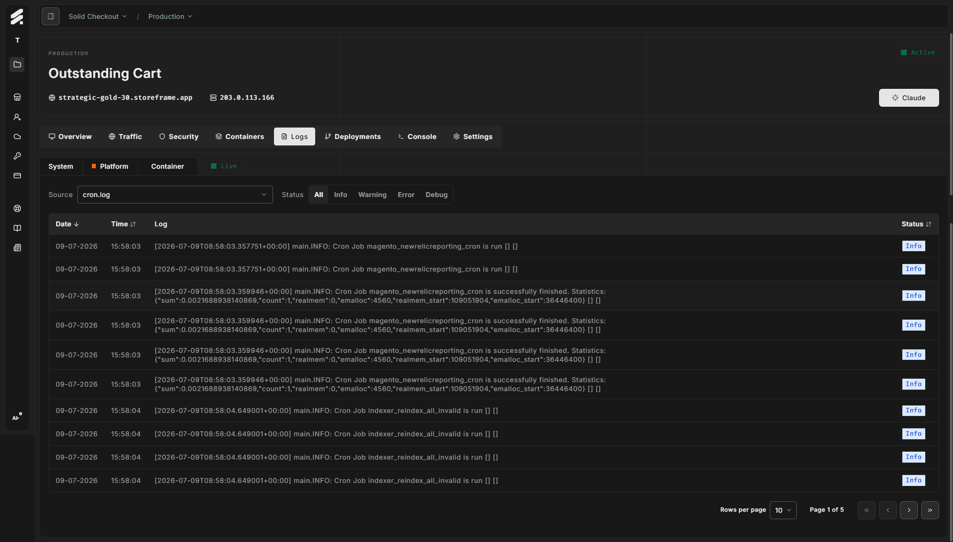Logs tab with the three-tab strip (System / Platform / Container) visible