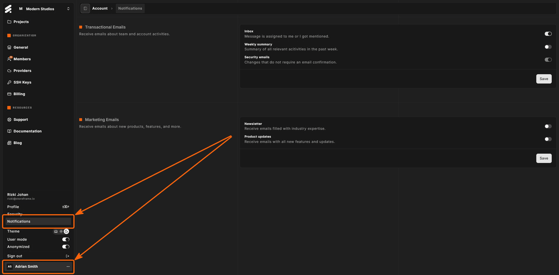 Notifications page