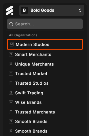 Organization switcher dropdown open, showing multiple organizations with the active one checked
