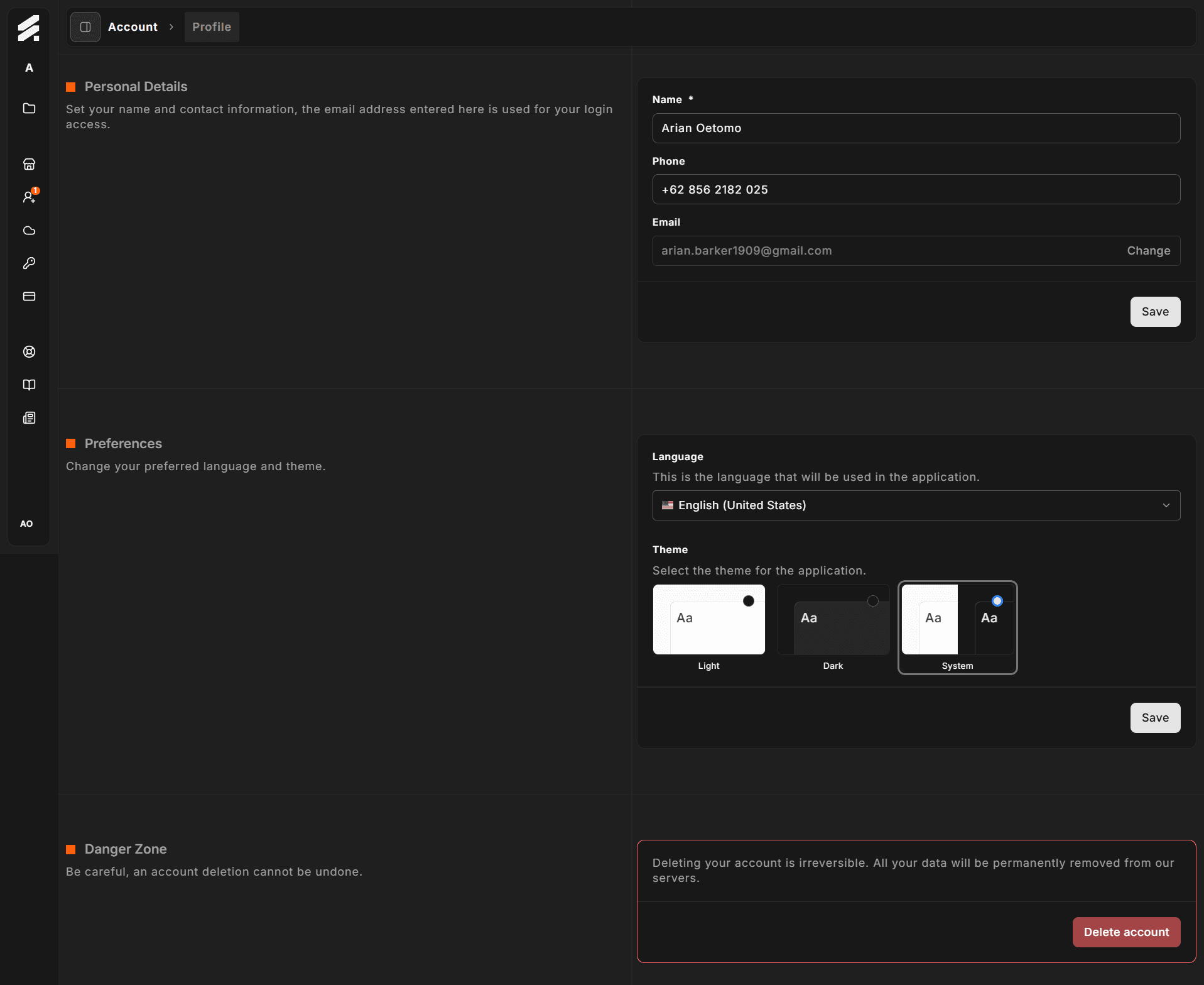 Profile page with Personal details card