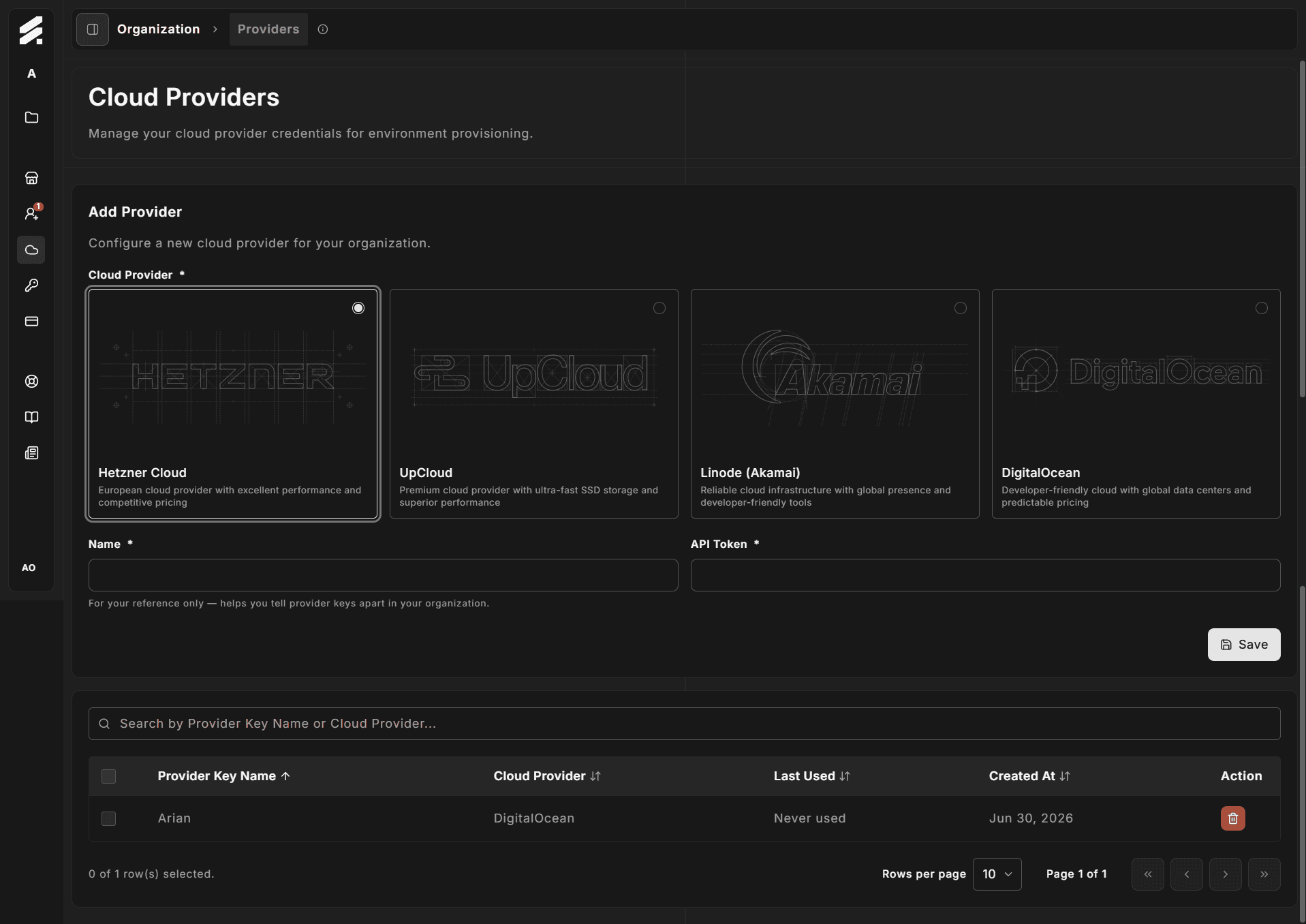 Providers page showing the ProviderAuthCard