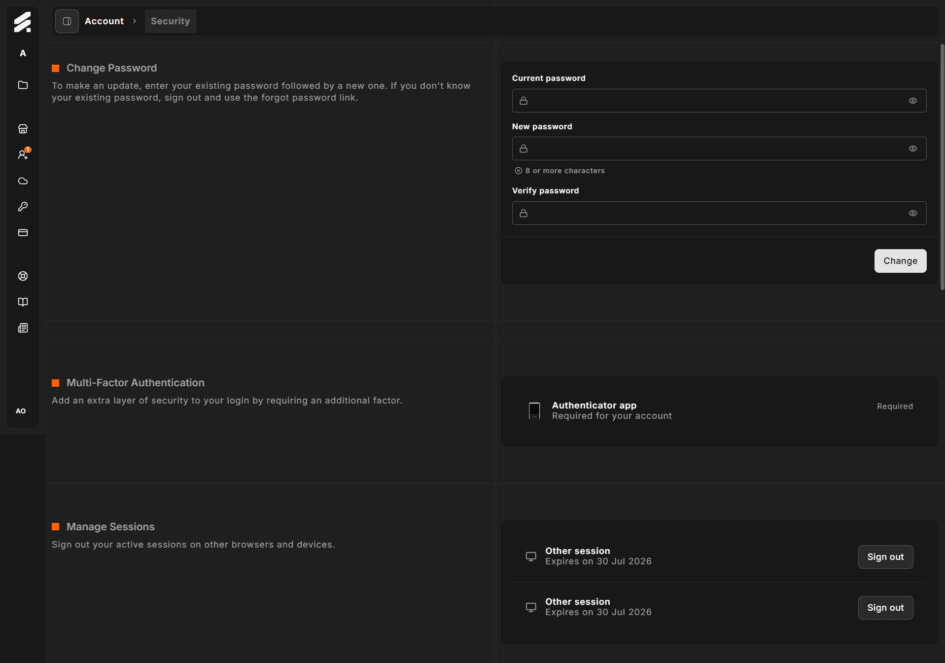Security page showing Sessions list