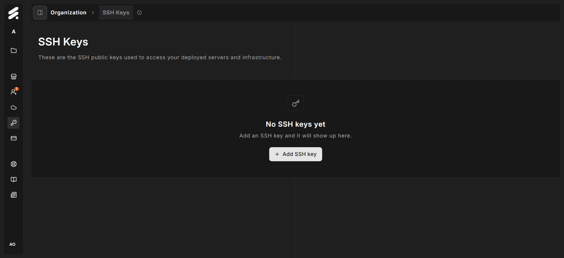 SSH Keys page showing a data table