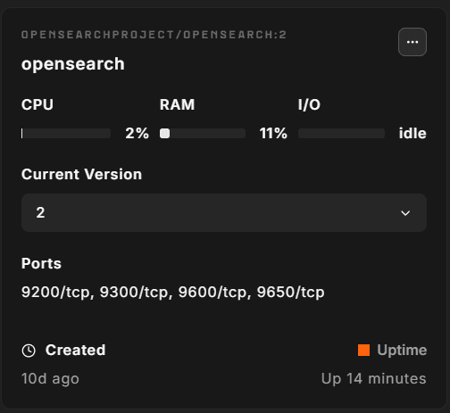 Containers tab showing the OpenSearch container