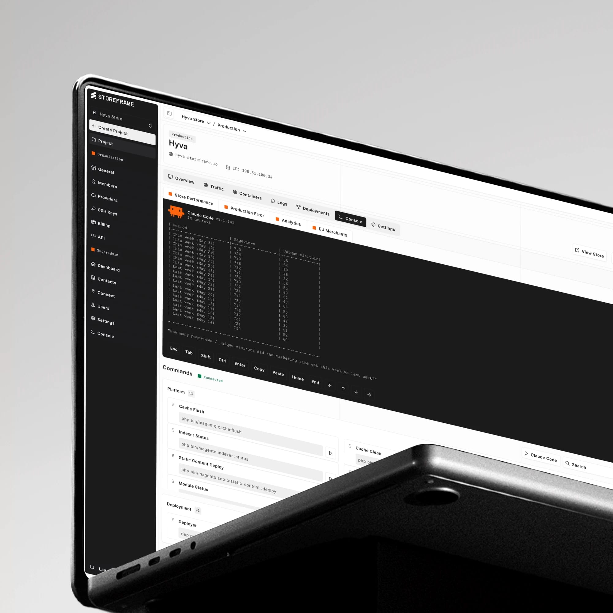 The Claude Code shell running on a laptop, showing StoreFrame's dark control-plane dashboard