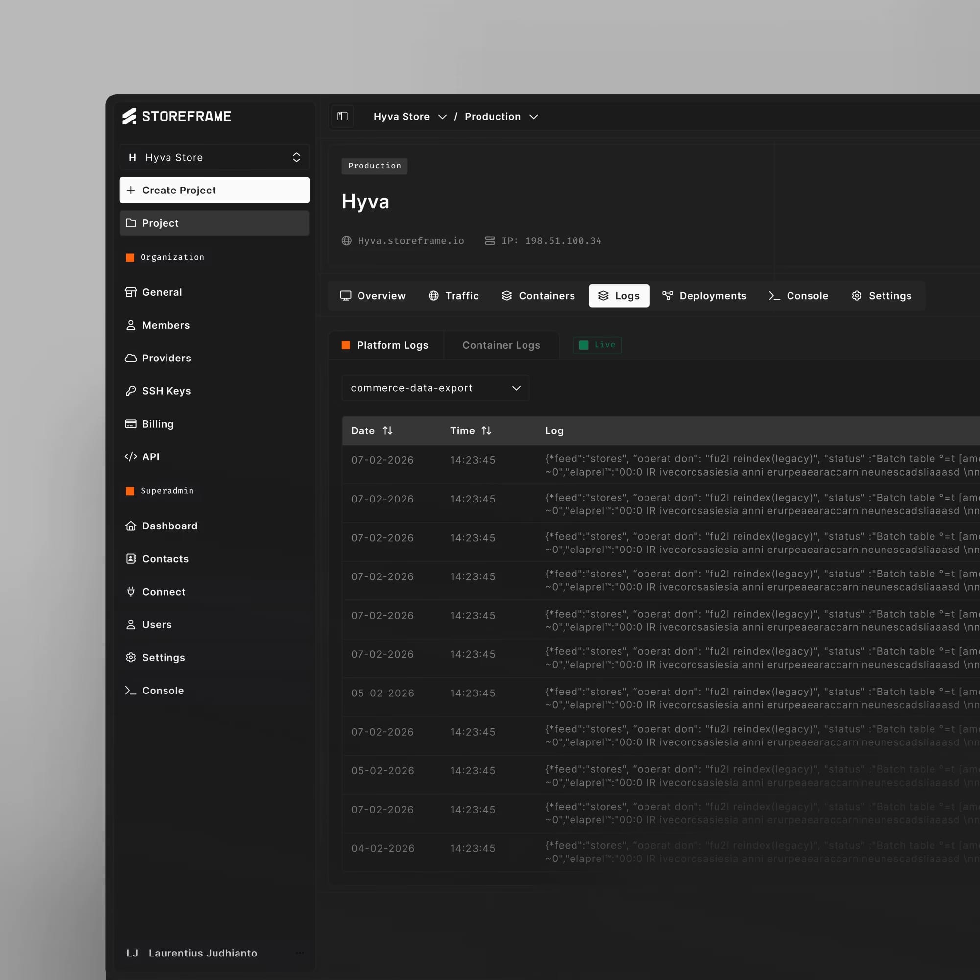 Storeframe Hub Logs: live platform and container log stream with level filtering