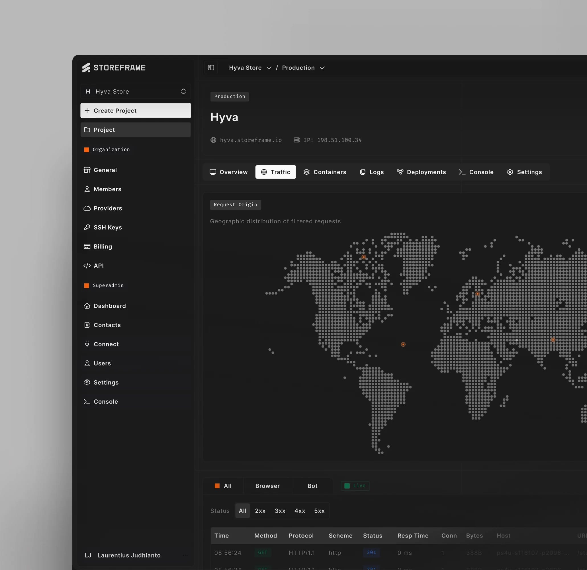 Live Magento traffic dashboard showing geographic distribution of filtered requests across a world map