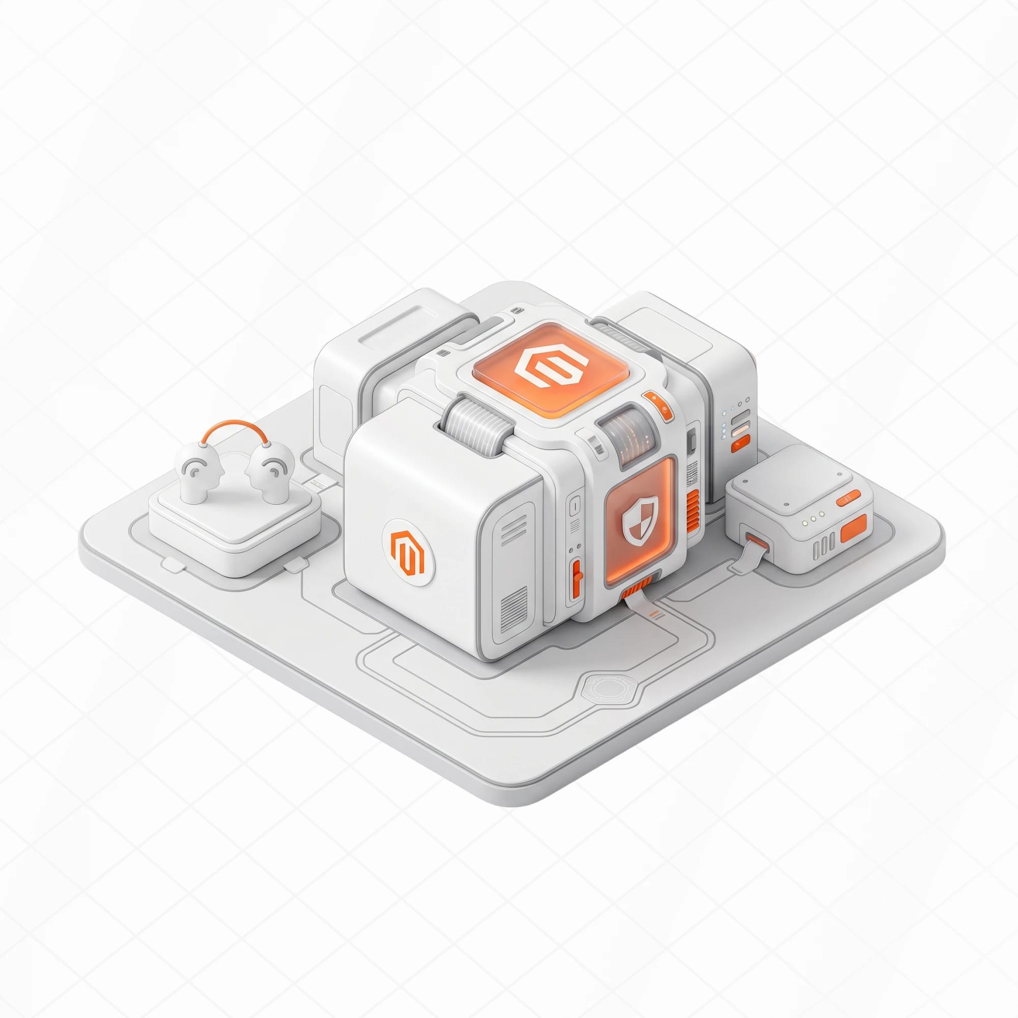 Isometric illustration of a Magento server module on a circuit-board platform, representing architecture and infrastructure advisory