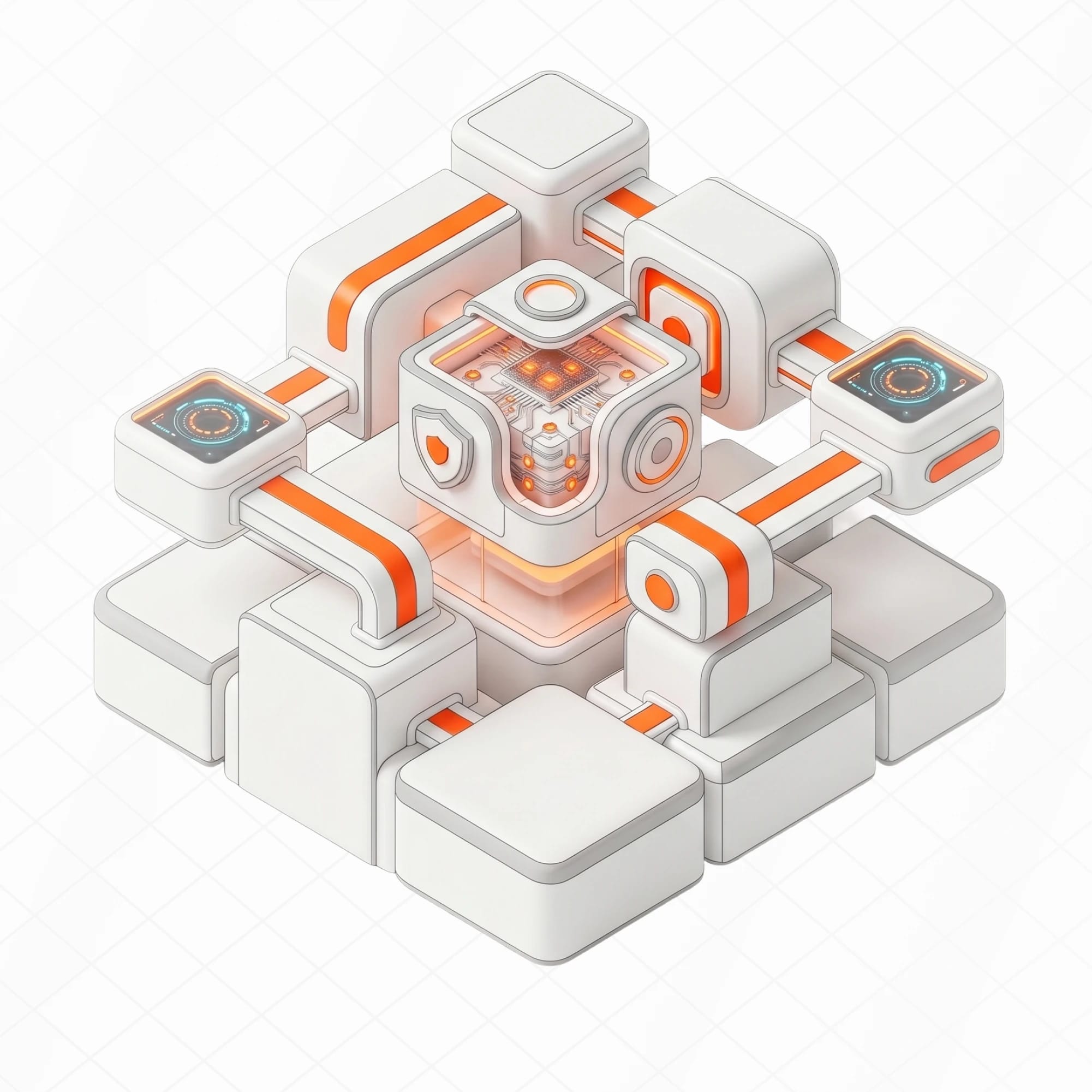 Isometric 3D illustration of a custom-built technology core with connected modules, representing bespoke product and platform engineering