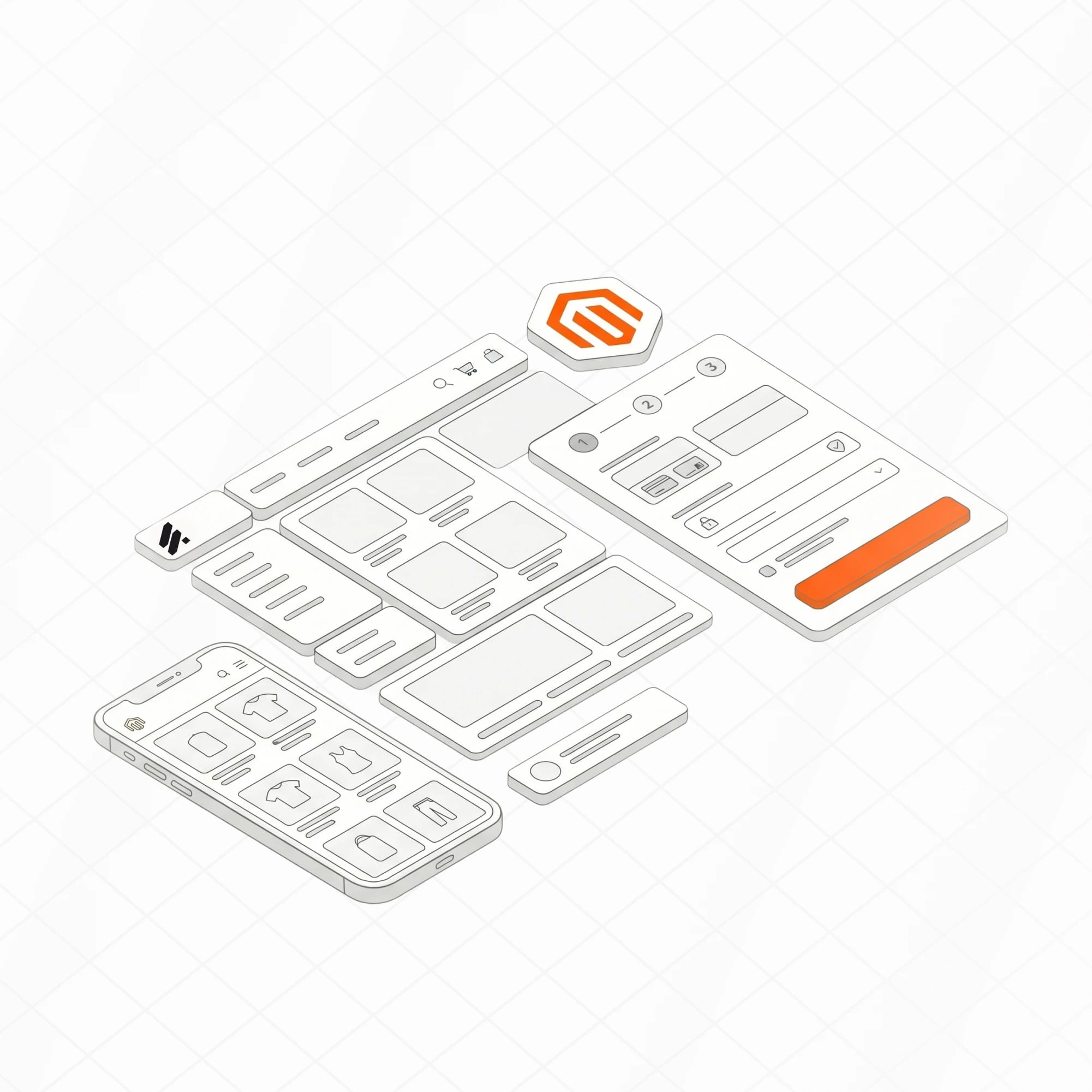Isometric illustration of Magento storefront layouts across desktop, tablet, and mobile, representing theme and frontend design