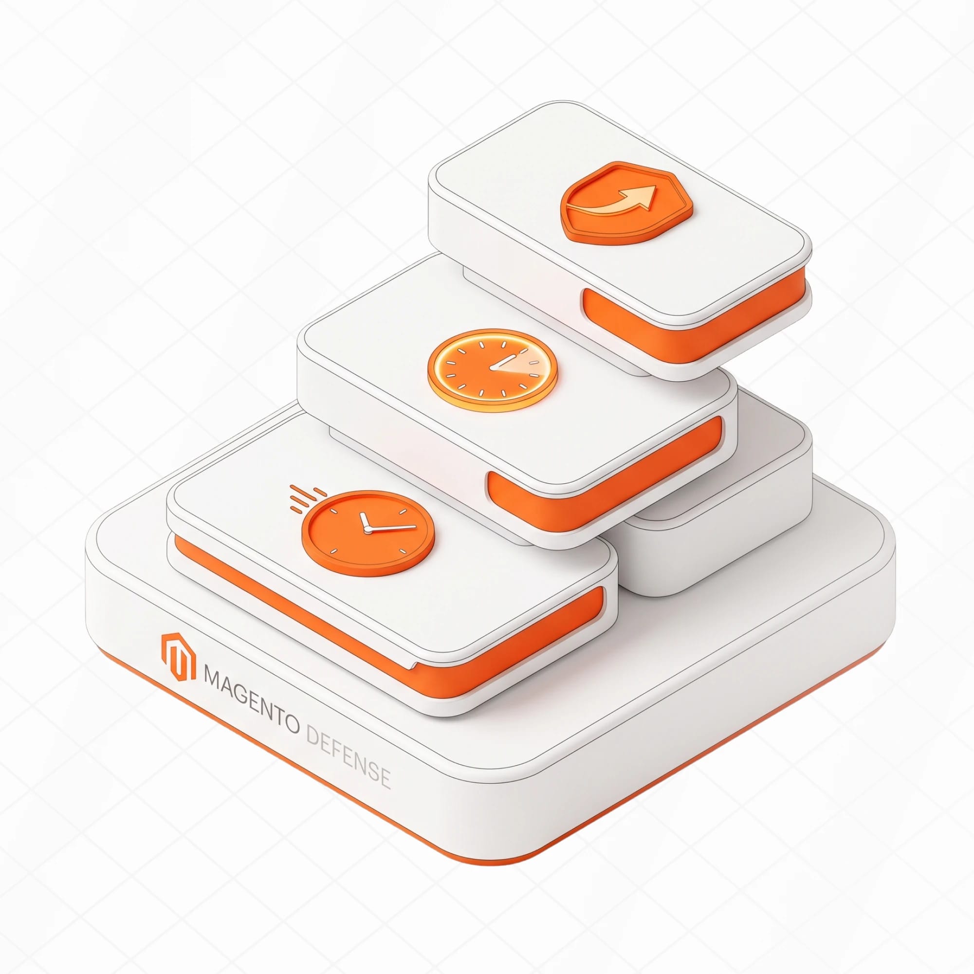 Isometric illustration of a tiered Magento Defense platform with clock, response, and shield icons, representing the support and SLA service