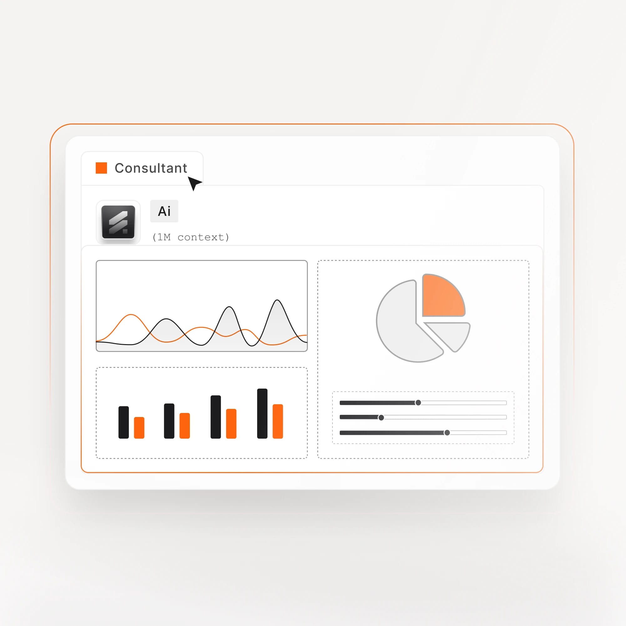Consultant analytics dashboard with trend, bar, and pie charts surfacing live Magento store metrics from an AI agent