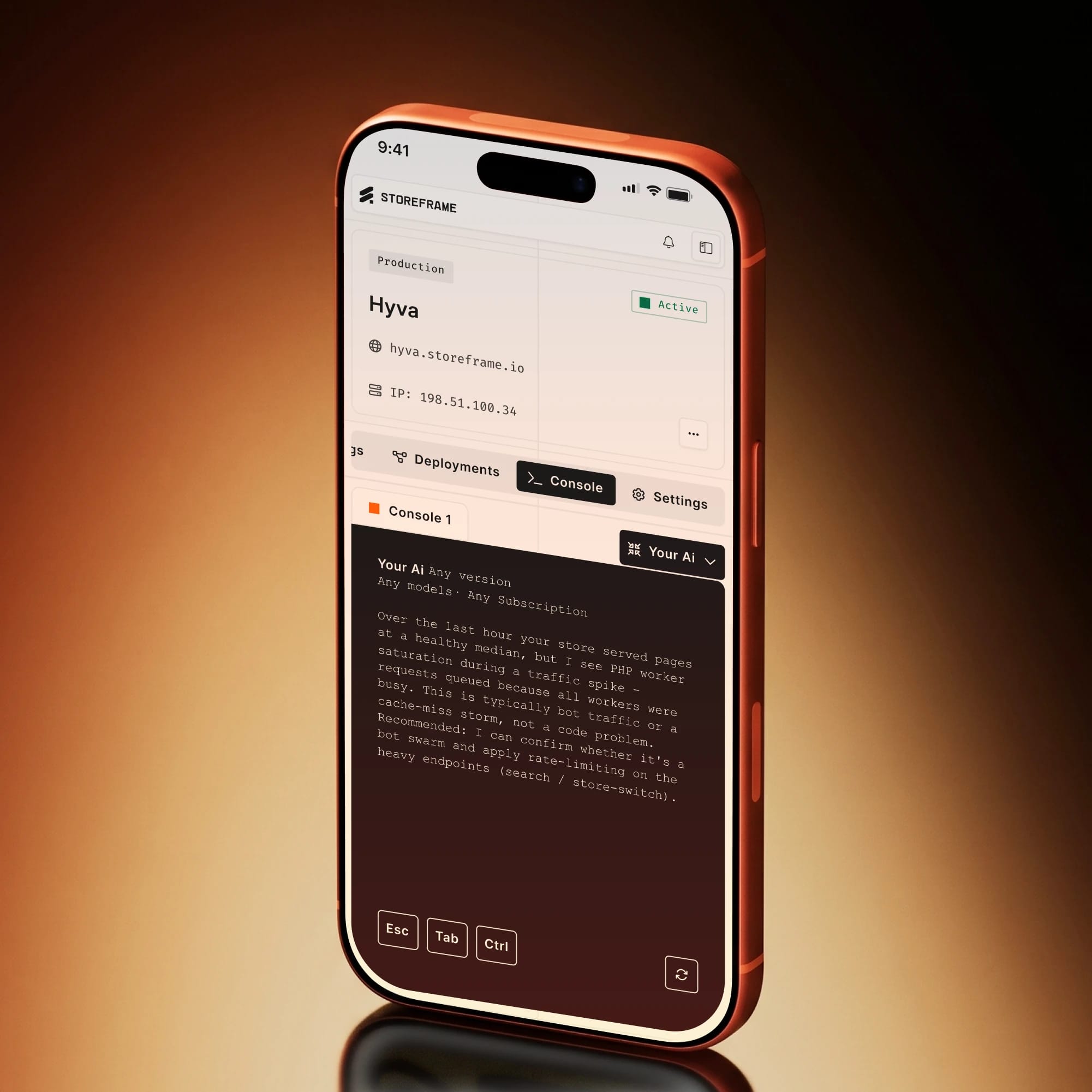 StoreFrame HUB mobile dashboard on a phone — deployment status, AI console and controls, on a warm brand-orange gradient