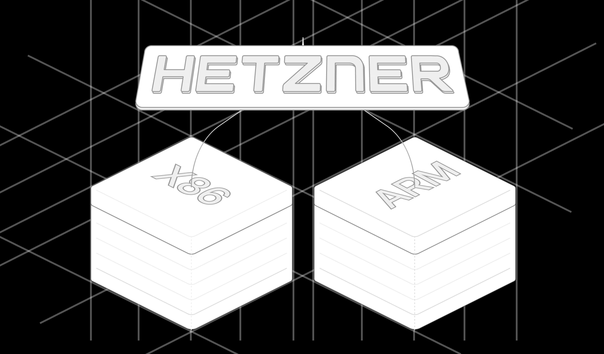 Hetzner badge above isometric x86 and ARM architecture blocks