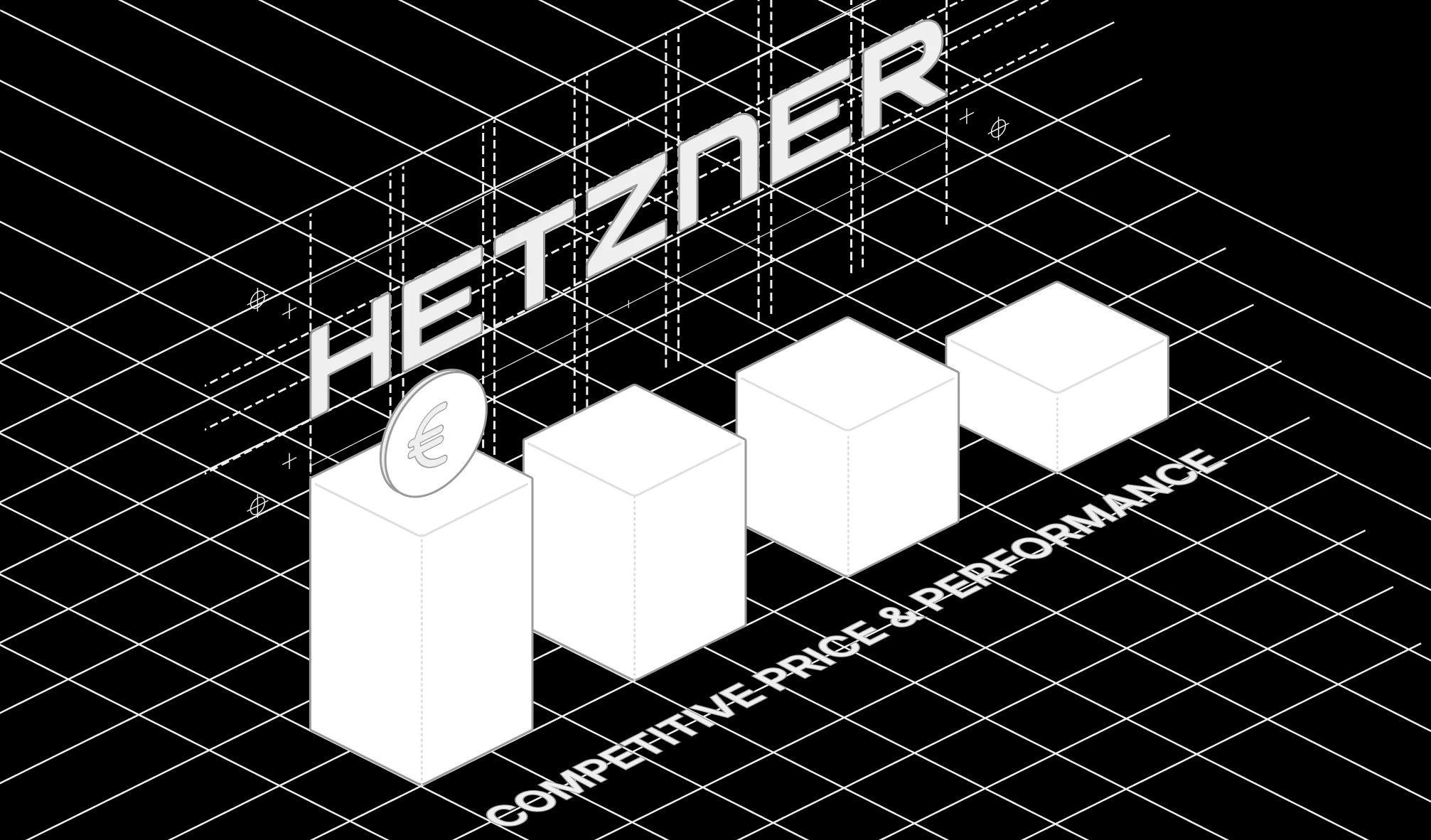 Isometric Hetzner pricing illustration with cost-comparison blocks