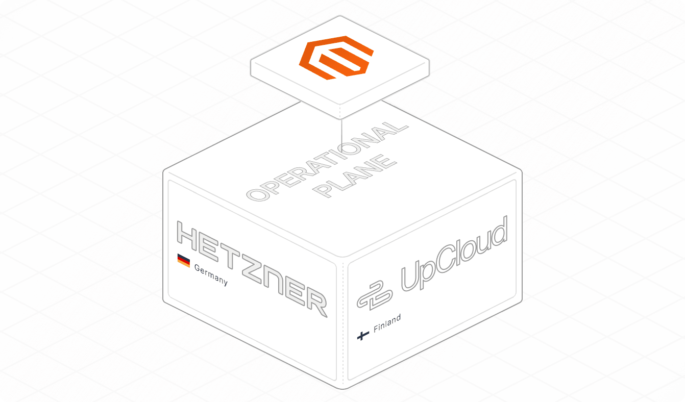 Isometric StoreFrame container box labelled Hetzner (Germany) and UpCloud (Finland)