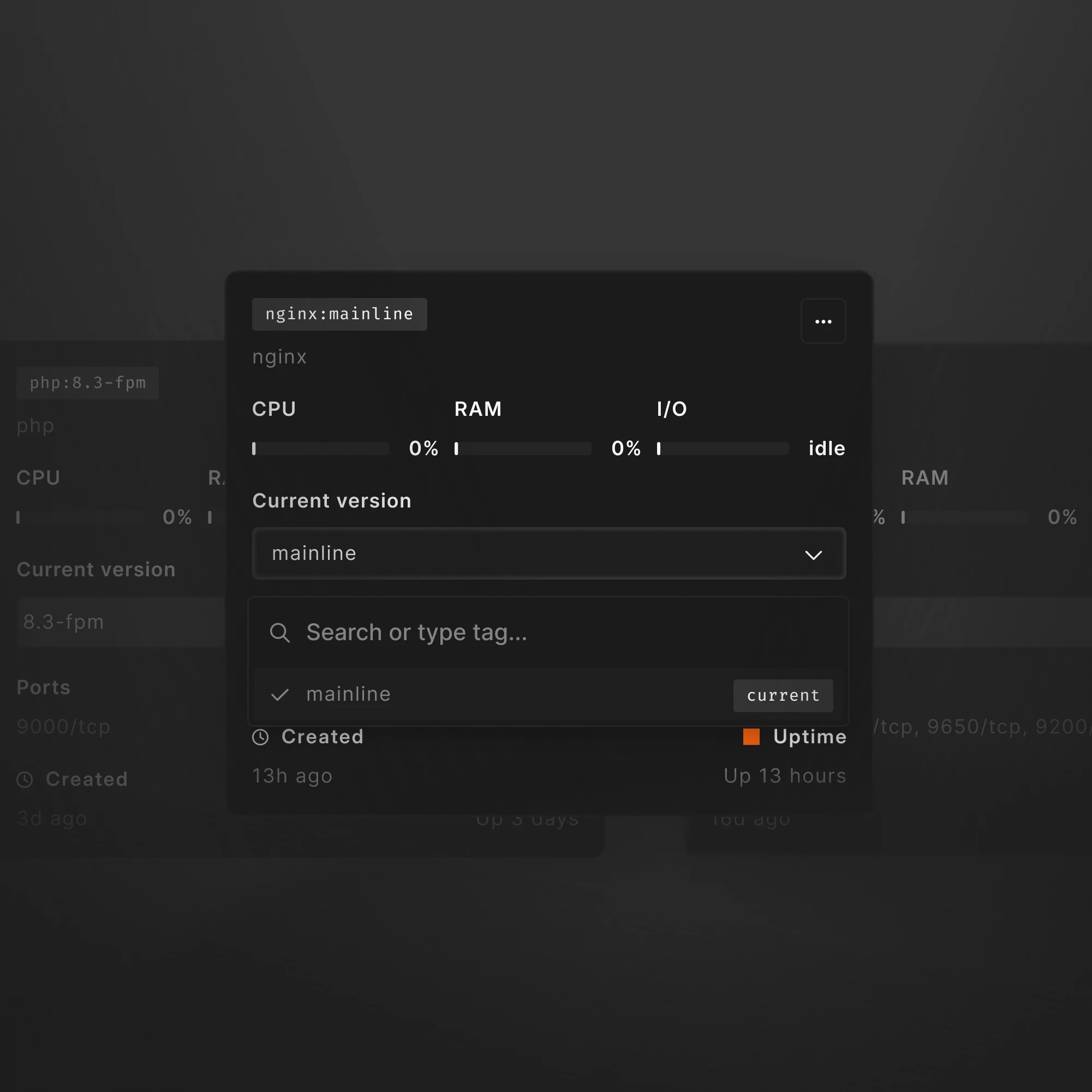 A StoreFrame dashboard card for an isolated nginx container, with other service containers ghosted behind it