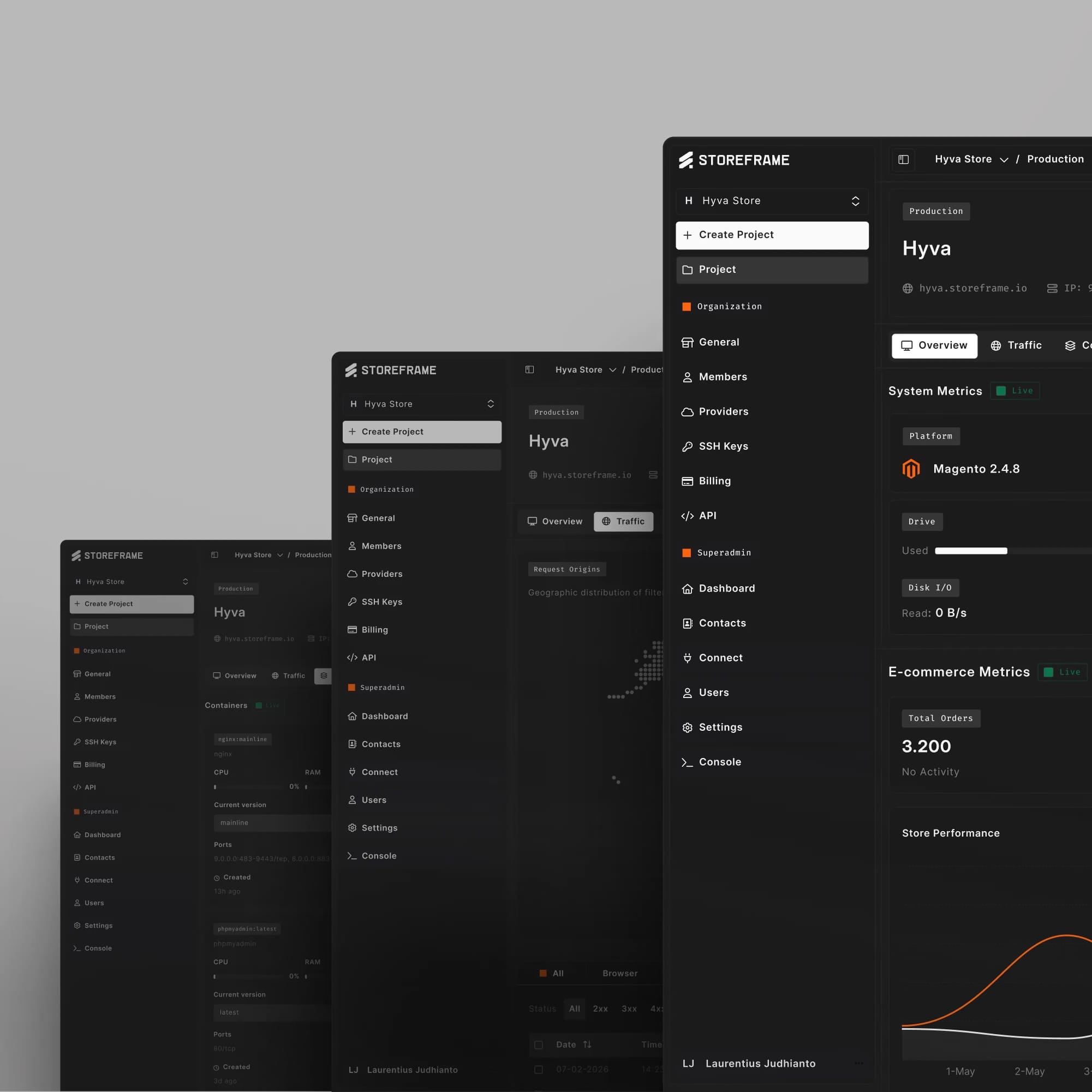 Storeframe Hub dashboards: containers, traffic, and overview shown in 3D perspective