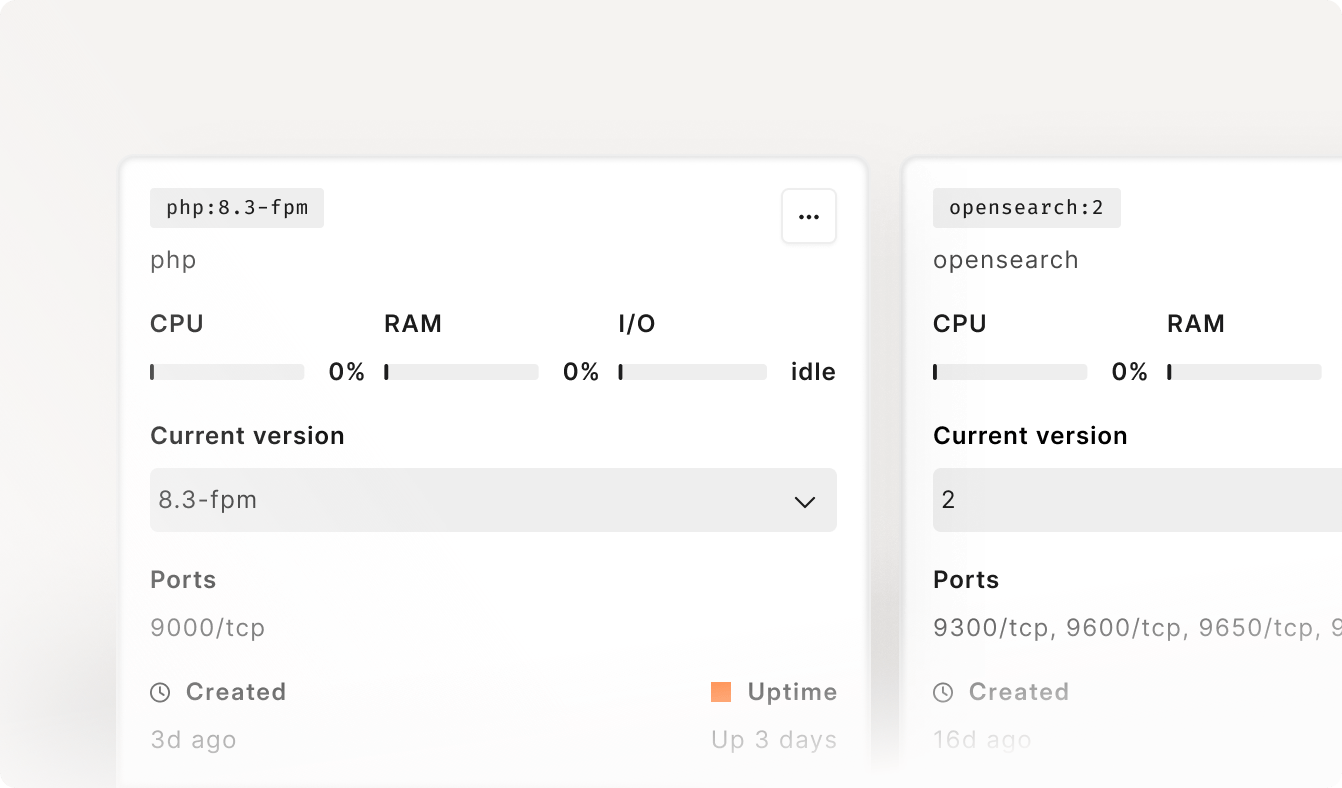 Container stat cards for php-fpm and OpenSearch showing live CPU, RAM, and I/O sized to the server