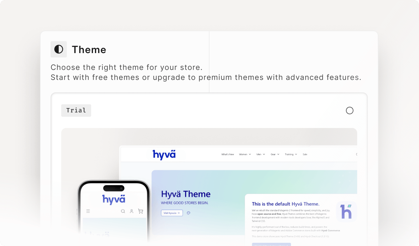 Theme step: choosing the Hyvä storefront theme with desktop and mobile previews