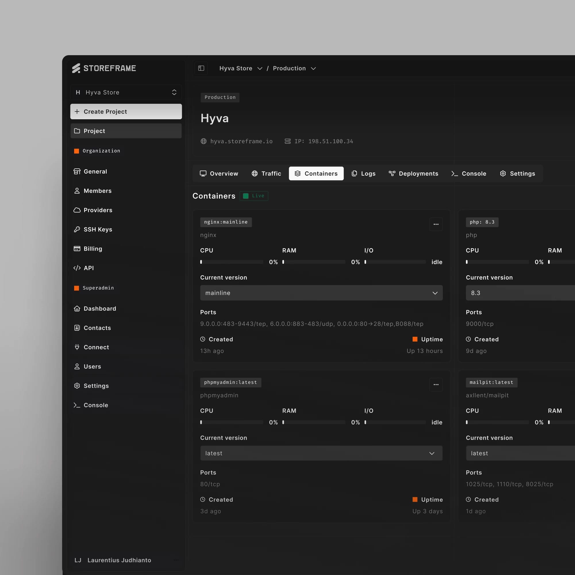 Storeframe Hub containers tab listing Docker services with live CPU, memory, and I/O usage, versions, ports, and uptime